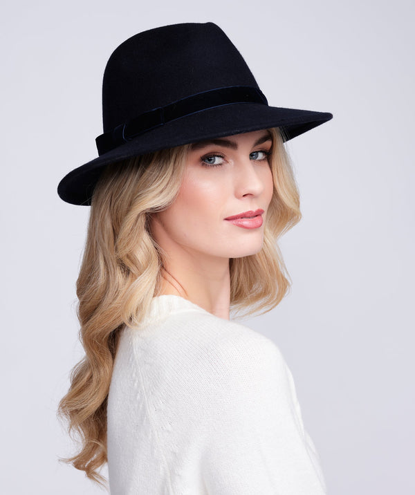 Serena - Navy Wool Fedora Hat with Velvet Band