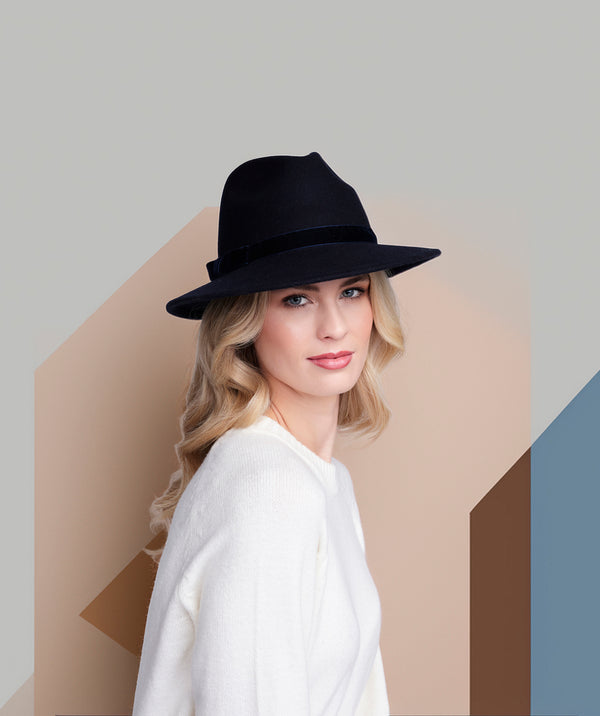 Serena - Black Wool Fedora Hat with Velvet Band