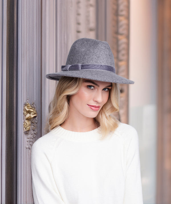 Serena - Silver Grey Wool Fedora Hat with Velvet Band