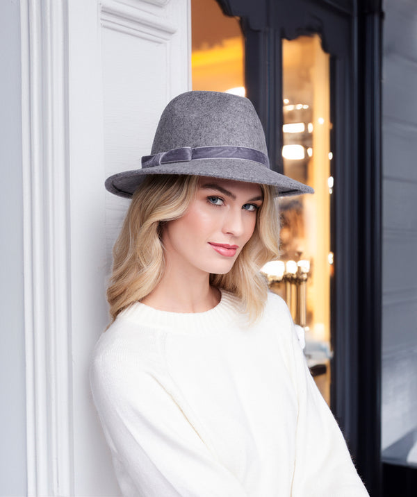 Serena - Silver Grey Wool Fedora Hat with Velvet Band