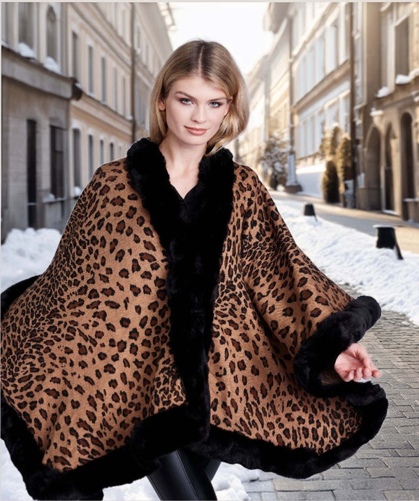 Simona - Leopard Print Wrap with Faux Fur Trim