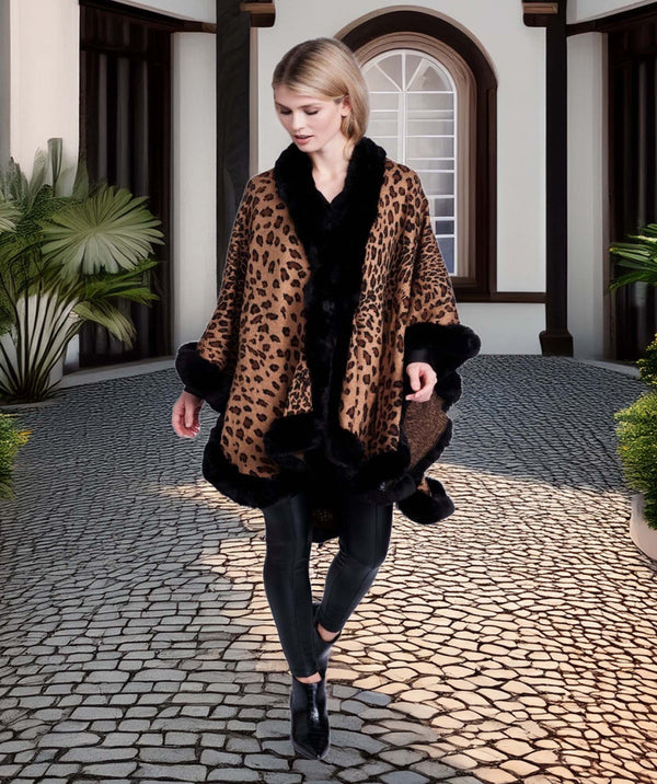 Simona - Leopard Print Wrap with Faux Fur Trim