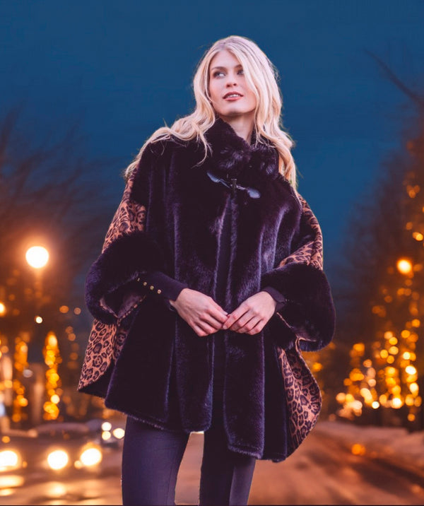 Tamara - Black Faux Suede Wrap with Faux Fur Trim