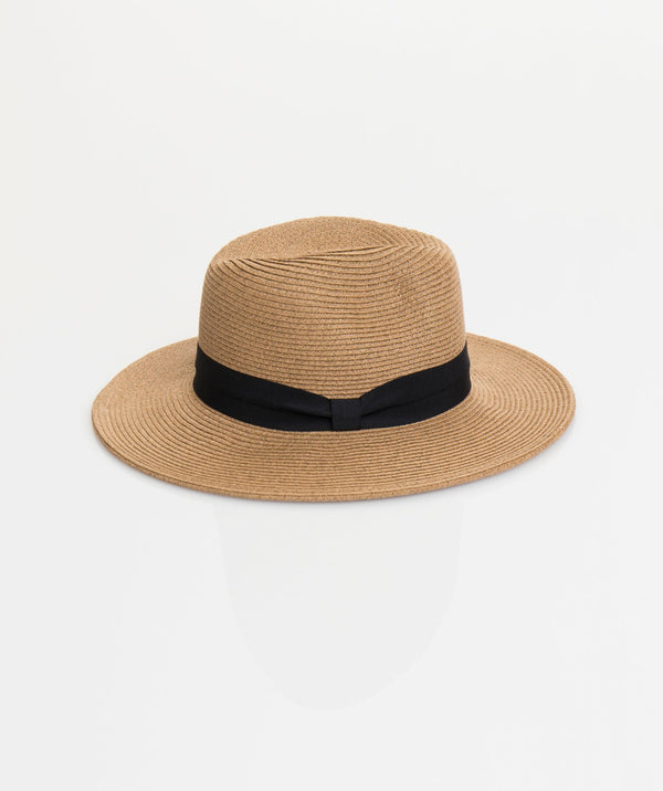 Natural Straw Fedora Hat with Black Ribbon Trim