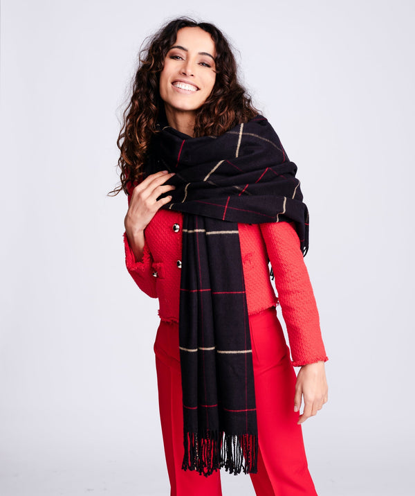 Women`s Cashmere Feel Checked Scarf - Black - Accessories, Black, Scarf, Tori, Winter Accessories