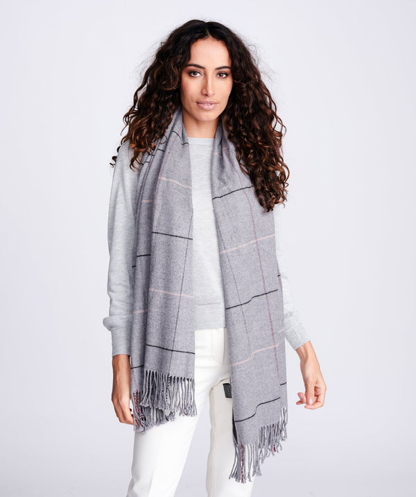 Women`s Cashmere Feel Checked Scarf - Grey - Accessories, Scarf, Silver Grey, Tori, Winter Accessories