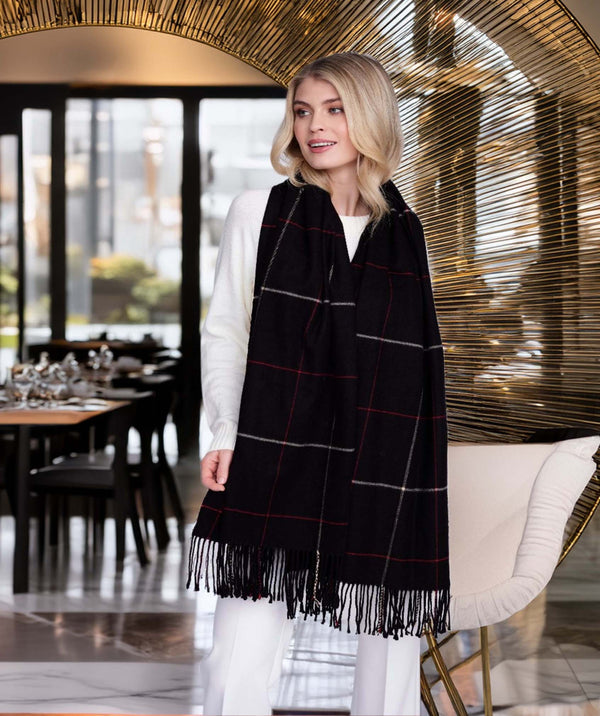 Tori - Black Cashmere Feel Checked Scarf with Twisted Fringes