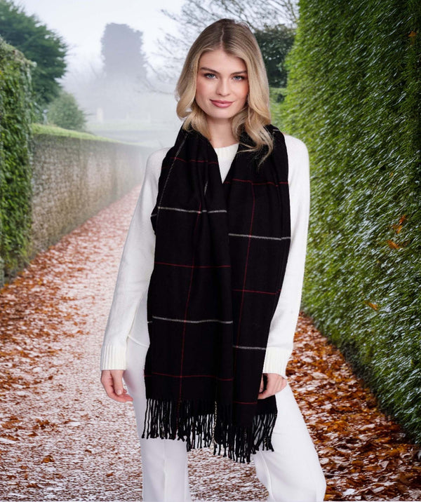 Tori - Black Cashmere Feel Checked Scarf with Twisted Fringes