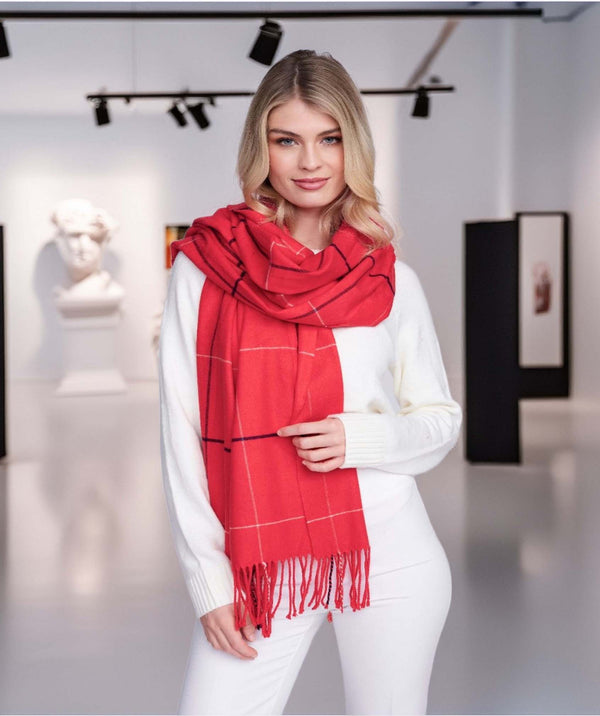 Tori - Red Cashmere Feel Checked Scarf with Twisted Fringes