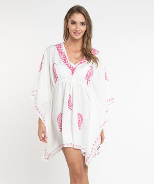 White/Pink Two Tone Embroidered Cover up with Drawstring Waist