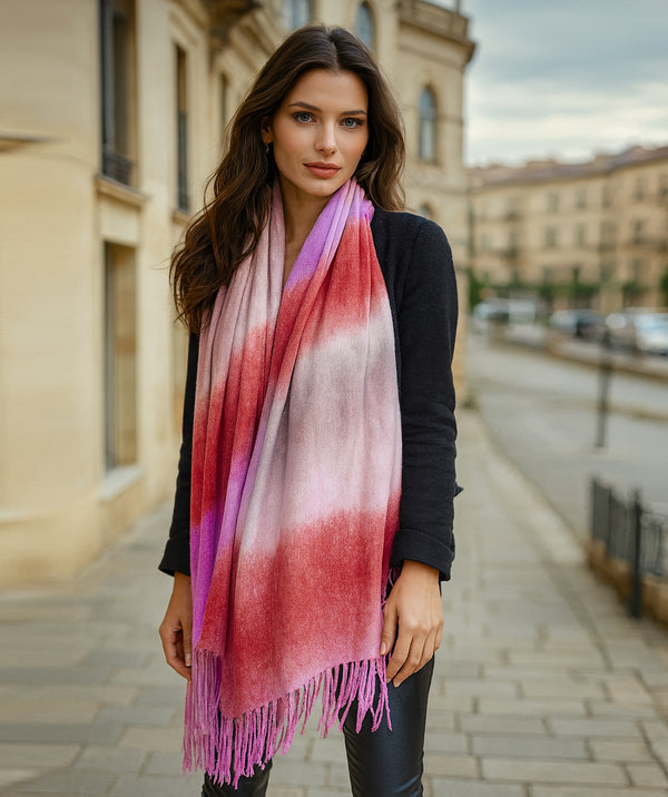 Cindy - Pink Ombre Stripe Pashmina with Twisted Fringes