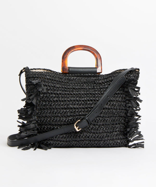Black Straw Bag with Adjustable Shoulder Strap, Zip Closure, Tortoiseshell Handle
