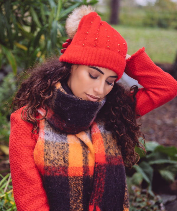 Alora - Red Soft Embellished Pom Pom Hat