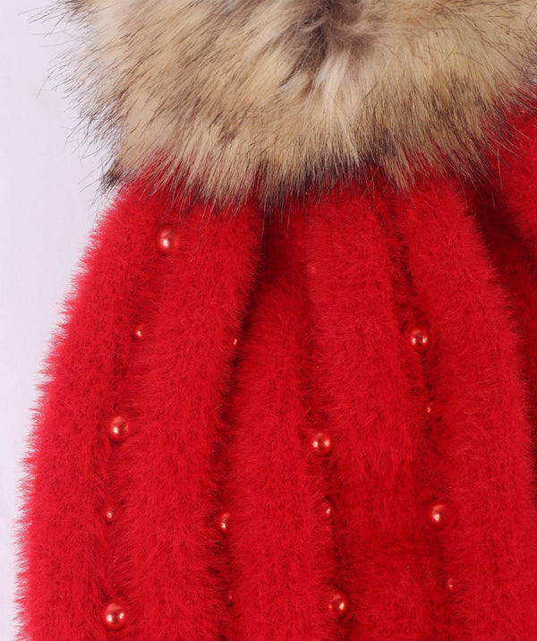 Alora - Red Soft Embellished Pom Pom Hat