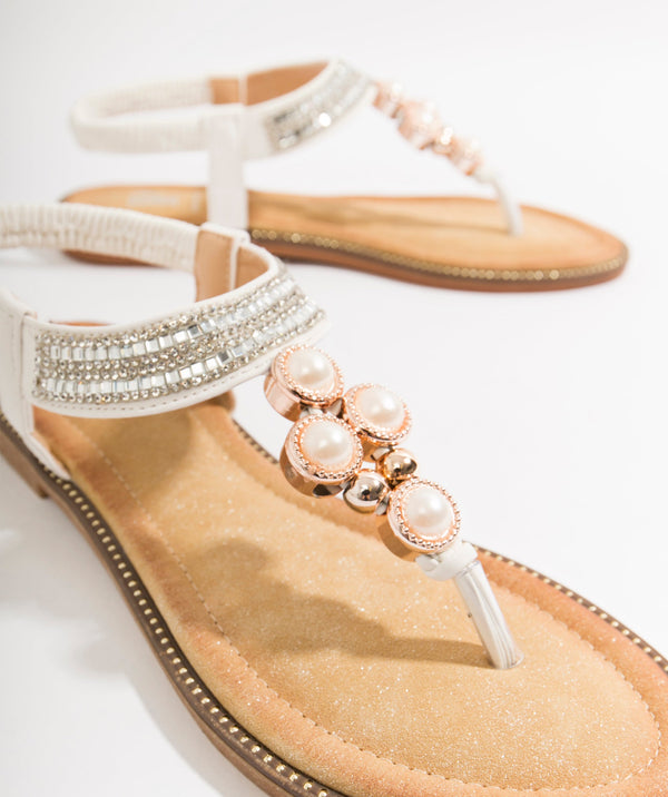 White Pearl Embellished Toe Post Sandal with Elasticated Bags