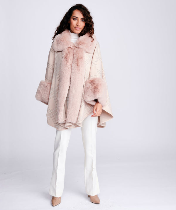 Auburn - Blush Pink Luxury Faux Fur Trim Check Wrap