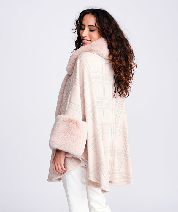 Auburn - Blush Pink Luxury Faux Fur Trim Check Wrap