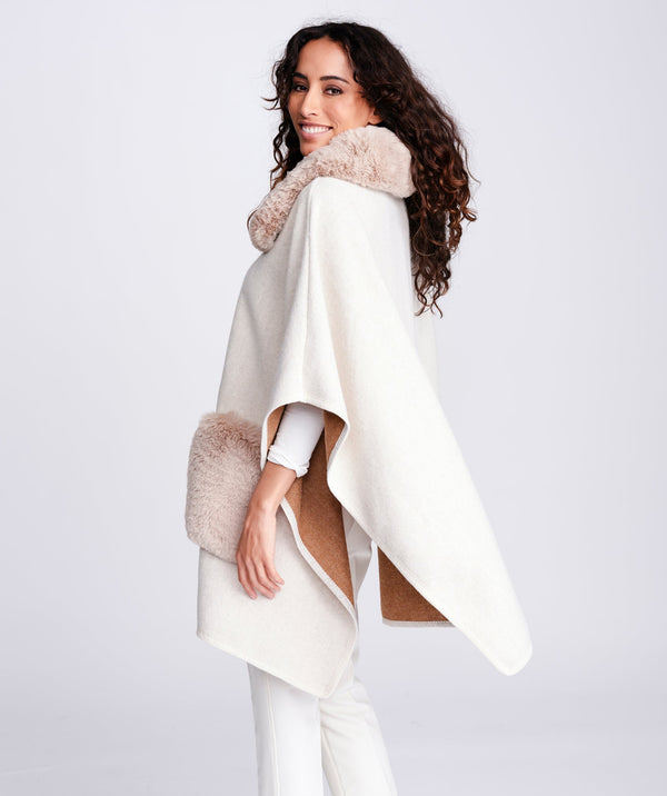 Women`s Faux Fur Trimmed Cape - Cream - Apparel, Austin, Beige, Faux Fur, Outerwear, Wrap