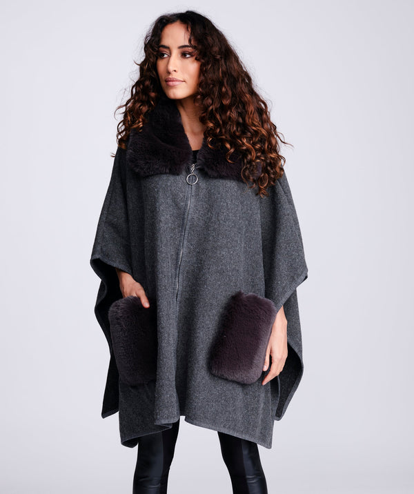 Women`s Faux Fur Trimmed Cape - Charcoal - Apparel, Austin, Faux Fur, Grey, Outerwear, Wrap