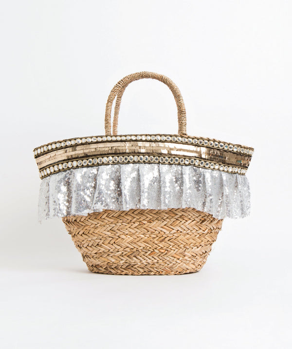 Natural/Silver Sequin Straw Beach Basket with Metallic Embellishments
