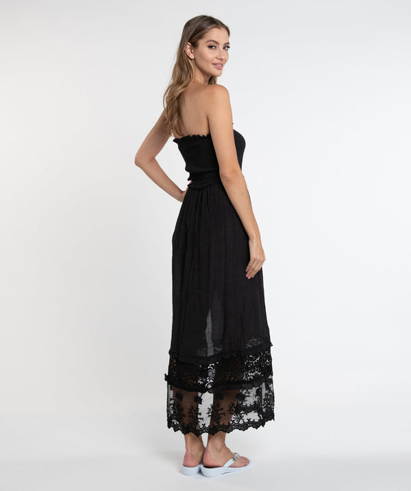 Black Lace Trim Maxi Dress with Slip-On Design