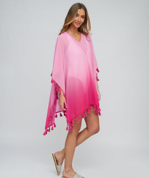 Pink Ombre Cover-Up with Tassel Trim and Embellished Neckline