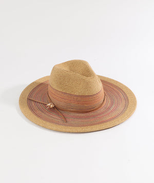 Natural/Orange Straw Fedora Hat with Shimmer Trim and Adjustable Size
