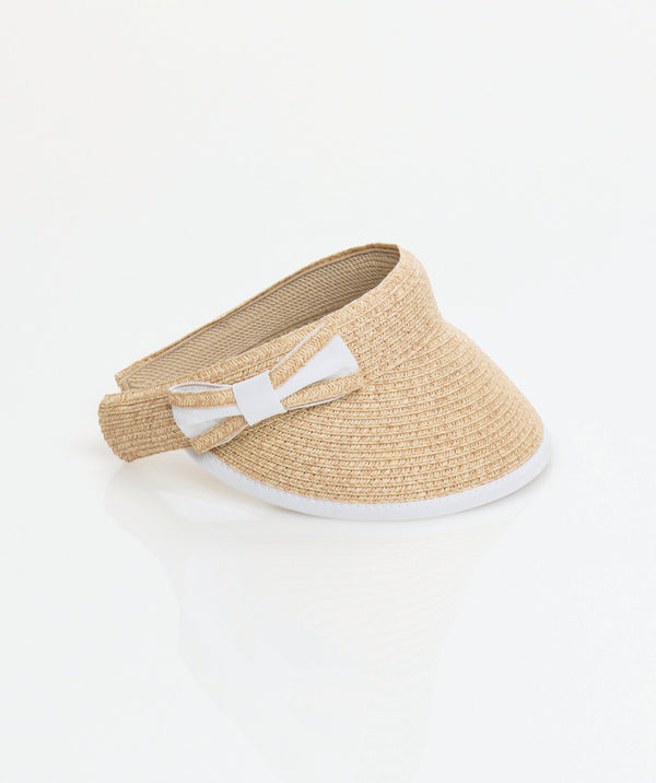 Natural Straw Sun Visor with White Fabric Trim and Bow Detail