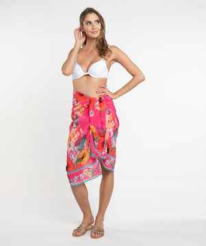 Pink Floral Print Sarong in Lightweight Crease-Free Fabric