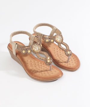 Gold Wedged Heel Sandal with Embellished Jewels