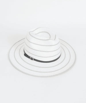 White/Silver Striped Straw Fedora with Metallic Accents and UPF 50 Protection