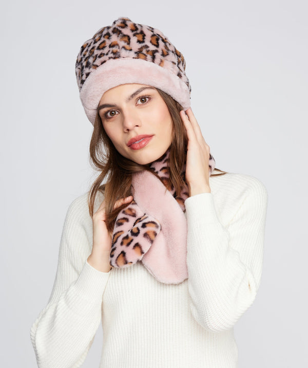 Dionne - Pink Leopard Print Faux Fur Cloche Hat
