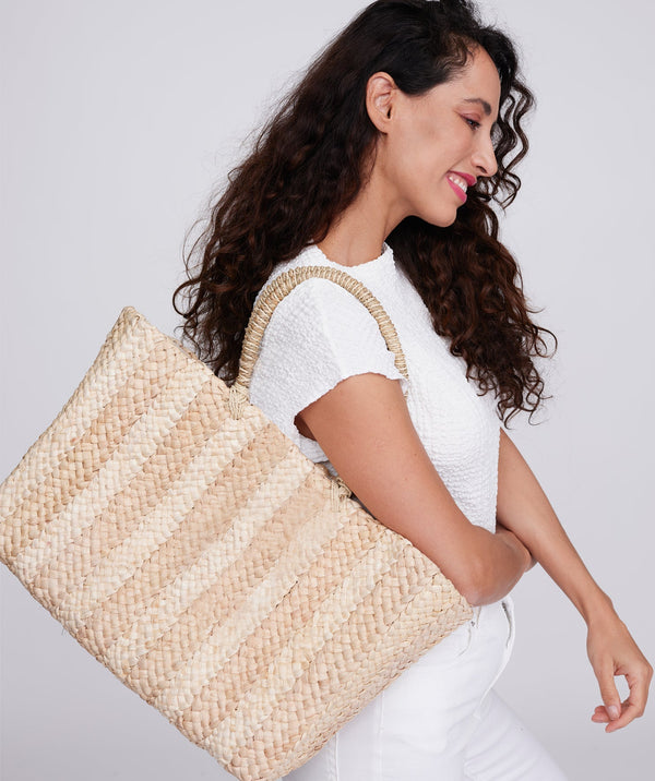 Natural/Gold Straw Bag with Zip Closure and Twin Top Handles