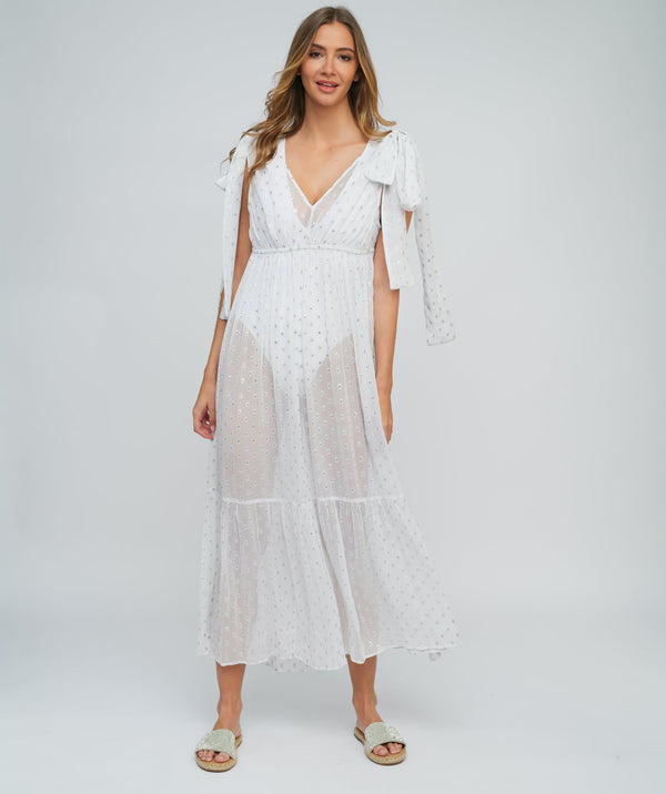 White Sleeveless Maxi Dress with Metallic Spot Print