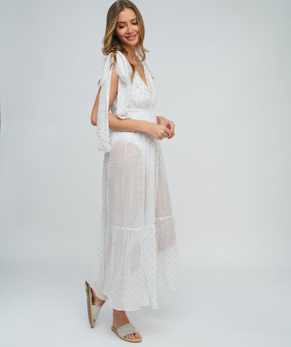 White Sleeveless Maxi Dress with Metallic Spot Print