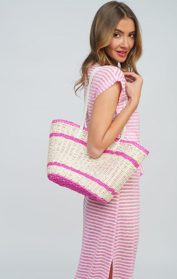 Straw Beach Basket - Pink-White - Accessories, Alonzo, Bag, Pink, Summer Accessories