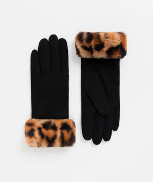 Leopard Faux Fur Cuff Gloves - Black - Accessories, Faux Fur, Gizelle, Glove, Leopard, Winter Accessories