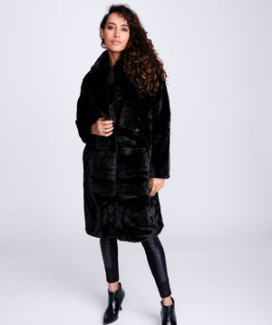 Women`s Midi Faux Fur Coat - Black - Apparel, Black, Coat, Faux Fur, Hepburn, Outerwear, Winter