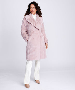 Women`s Midi Faux Fur Coat - Dusty Pink - Apparel, Coat, Dusty Pink, Faux Fur, Hepburn, Outerwear, Winter