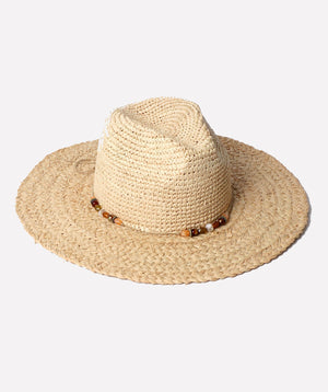 Natural Textured Straw Fedora Hat with Beaded Trim