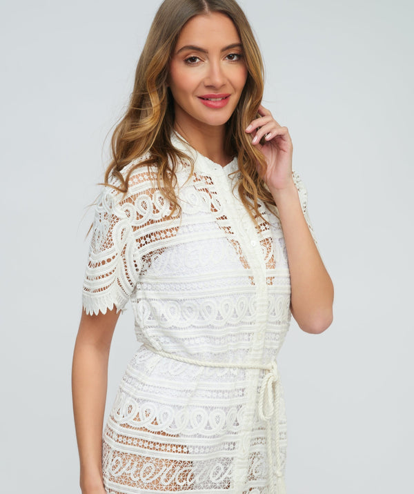 White Lace Beach Dress with Button Closures and Rope Waist Tie