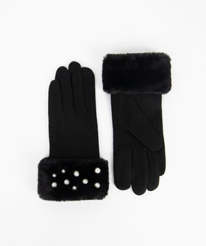 Pearl Studded Faux Fur Cuff Glove - Black - Accessories, Black, Faux Fur, Glove, Jasmin, Winter Accessories
