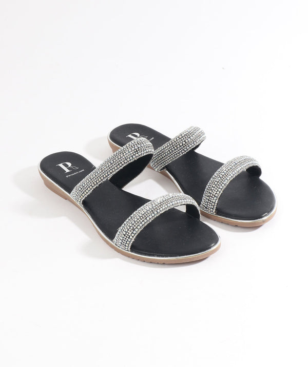 Black Embellished Wedged Mule Sandal with Open Toe