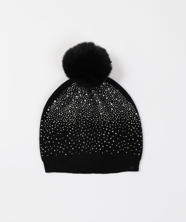 Crystal Embellished Pom Pom Hat - Black