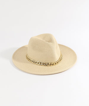 Natural Paper Straw Fedora Hat with Gold Metal Chain Embellishment