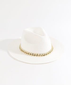 White Paper Straw Fedora with Gold Metal Chain Embellishment