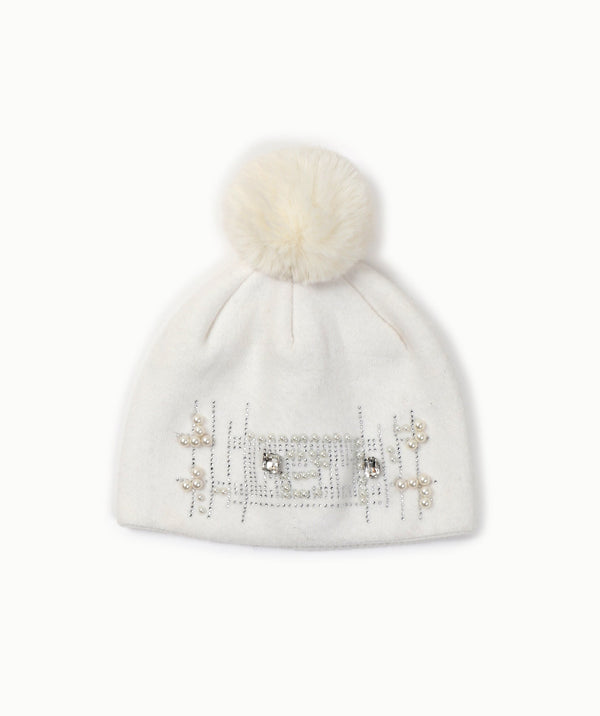 Lois - White Beannie with Pearl Embellishments and large Pom Pom