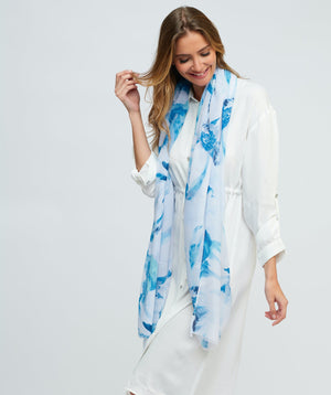Blue Floral Printed Oblong Scarf with Raw Edging