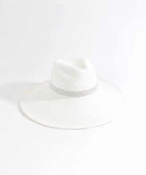 White Wide Brim Straw Panama Hat with Silvertone Embellished Band