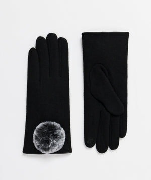 Ladies Gloves with Large Pom Pom - Black - Accessories, Black, Glove, Lucia, Winter Accessories